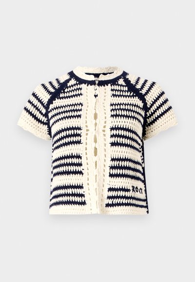 Knitted short-sleeve cardigan in cream and navy stripes, featuring a button closure and delicate crochet detail along the edges.