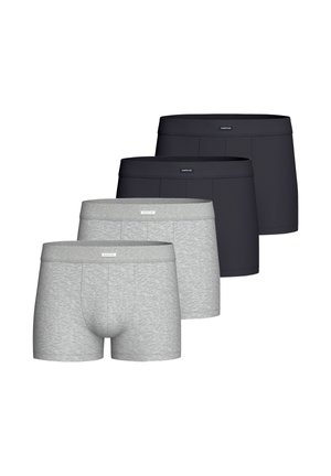 Four pairs of boxer shorts: two gray and two navy. Each pair features an elastic waistband with branding and a snug fit design.