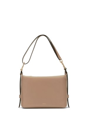 Beige rechteckige Leder-Schultertasche mit verstellbarem Riemen und kleinem goldfarbenem "Furla"-Logo in der vorderen Mitte.