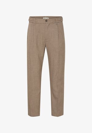 Beige szabott nadrág, texturált felülettel, gombos záródással és rakott elülső résszel. Rugalmas derékpánt a kényelmes viselet érdekében.