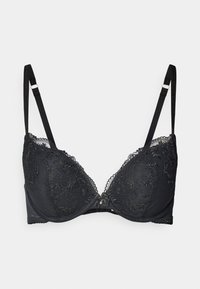 Sutien din dantelă neagră cu broderie florală, suport cu fir subțire, bretele reglabile și o fundiță decorativă în partea frontală.