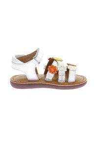 Vita lädersandal med blommor i orange, gult och vitt. Har tre remmar, en justerbar spänne och en brun sula.