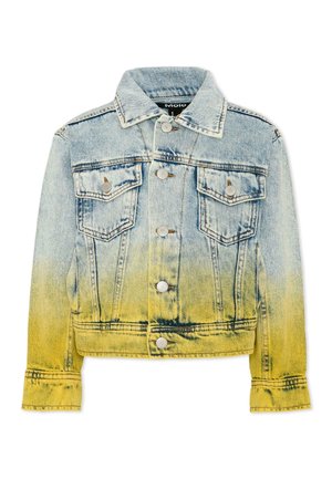 Jasnoniebieska kurtka dżinsowa z zapięciem na guziki i kieszeniami z klapkami, z żółtym gradientem zanika od dołu w górę.