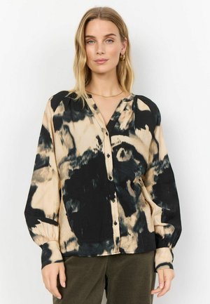Black and beige tie-dye button-up shirt with long sleeves, v-neckline, soft texture, and gathered cuffs. Features a relaxed fit.