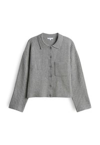 Gilet gris côtelé avec un col, un devant boutonné et une poche poitrine. Fabriqué en tissu texturé avec des manches amples.