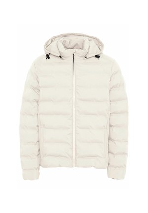 Chaqueta blanca acolchada con capucha, que presenta un cierre delantero y detalles de cordón negro. Diseño acolchado texturizado con una silueta corta.