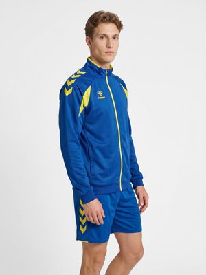 Ung mand iført en blå og gul sportsjakke og matchende shorts, der står mod en ensfarvet hvid baggrund.