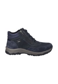 Stivali da trekking blu navy realizzati in pelle e scamosciato, dotati di colletto imbottito, chiusura con lacci sulla parte anteriore, cerniera laterale e suola in gomma testurizzata.