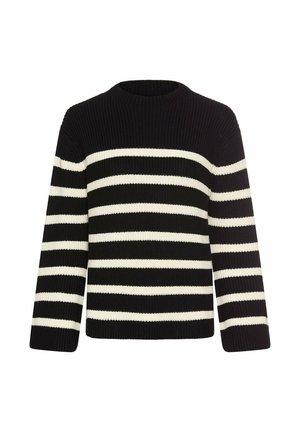Black and white striped knit sweater featuring a round neck, long sleeves, and ribbed texture. Horizontal stripes vary in width.