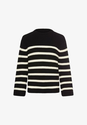 Black and white striped knit sweater featuring a round neck, long sleeves, and ribbed texture. Horizontal stripes vary in width.