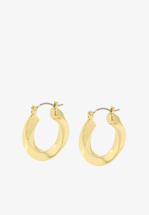 Boucles d'oreilles en métal doré à la finition lisse et arrondie avec un éclat subtil. Fermoir à clip sécurisé. Léger et de forme courbée.