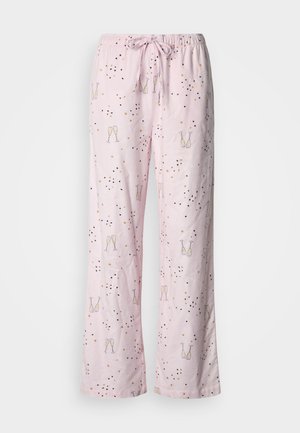 Pantaloni pigiama rosa chiaro con motivi di calici di champagne e stelle. Realizzati in tessuto morbido con vita elasticizzata e coulisse regolabile.