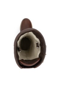 Bruine leren boot met een zachte beige voering, ronde neus en interieur accentdetails. Beschikt over twee verstelbare banden aan de binnenzijde.