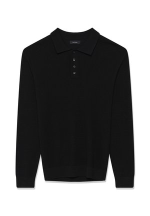 Črni dolg rokav polo majica iz teksturiranega pletenine z rebrastimi manšeti, ovratnikom in štirimi črnimi gumbi na zapenjanju.