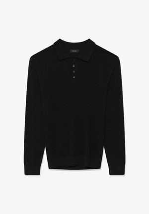 Črni dolg rokav polo majica iz teksturiranega pletenine z rebrastimi manšeti, ovratnikom in štirimi črnimi gumbi na zapenjanju.