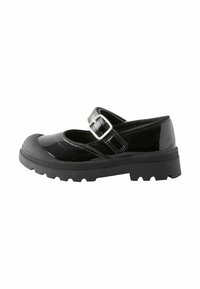 Schwarze lackierte Mary Jane-Schuhe mit runder Spitze, verstellbarem Schnallenriemen und dicker schwarzer Gummisohle mit Profil.