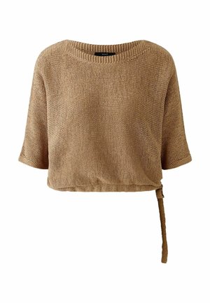 Brown, short-sleeve knit top with a round neckline and an adjustable tie on the side. Textured fabric with a relaxed fit and cropped design.