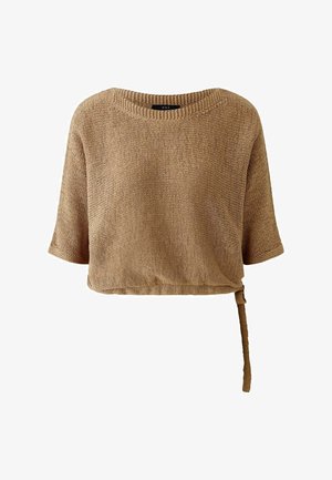 Bruine, korte mouwen gebreide top met een ronde halslijn en een verstelbare strik aan de zijkant. Getextureerde stof met een ontspannen pasvorm en een cropped ontwerp.