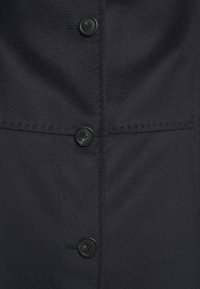 Gros plan d’un manteau en tissu noir montrant trois boutons noirs et des détails visibles de coutures.