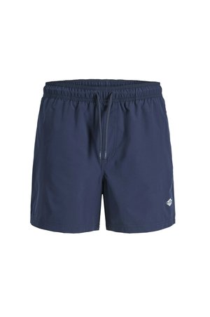 Marineblauwe zwemshort met elastische tailleband en trekkoord, met een klein wit logo op het onderste linkerbeen.