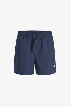 Marineblauwe zwemshort met elastische tailleband en trekkoord, met een klein wit logo op het onderste linkerbeen.