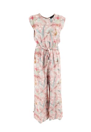 Jumpsuit floral en rosa con lunares. Hecho de una tela suave, tiene mangas cortas, una cintura elástica y un cinturón atado para ajustar.