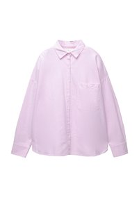 Camicia button-up rosa chiaro con sottili righe bianche, maniche lunghe, colletto e taschino sul petto. Realizzata in un tessuto leggero e morbido.