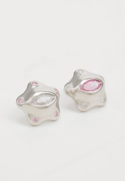 Silver-toned star-shaped earrings with pink and clear gems set in a textured design. Features a marquise cut center stone.