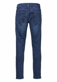 Temno modri jeans z oprijetim krojem, petimi žepi in diskretnimi šivi na zadnjih žepih. Ravno pasovanje z luknjami za pas.