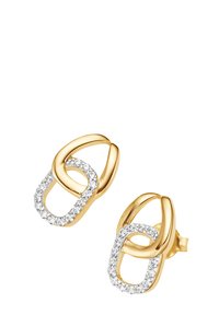 Gold-tone earrings featuring interlocking shapes, one adorned with clear crystals, contrasting smooth and textured surfaces.