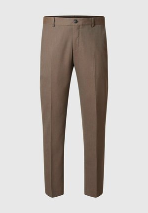 Pantalones marrones ajustados con una textura suave, con cierre de botón y diseño de frente plano. La tela tiene un patrón sutil y un corte recto.
