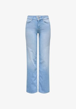 Jean large bleu clair en denim, avec un design classique à cinq poches, un léger délavage et une fermeture à bouton à l'avant.