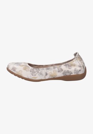 Zapatos planos de tela con estampado floral en tonos blanco, gris y dorado. Parte superior de tela suave y punta redonda. Suela de goma flexible para mayor comodidad.