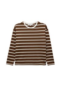 Bruine lange mouwen t-shirt met witte horizontale strepen. Het shirt heeft een geribbelde ronde halslijn en een relaxte pasvorm met verlaagde schoudernaad.