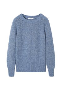 Pull en maille bleu avec un col et un ourlet côtelés, doté de manches raglan et d'une finition douce et texturée.