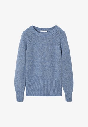 Pulover bleumarin tricotat cu guler și tiv cu nervuri, prevăzut cu mâneci raglan și un finisaj moale, texturat.