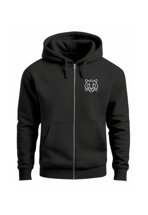 Schwarzer Reißverschluss-Hoodie aus weichem Stoff, mit einer Kängurutasche und einem weißen geometrischen Löwenlogo auf der linken Brust.