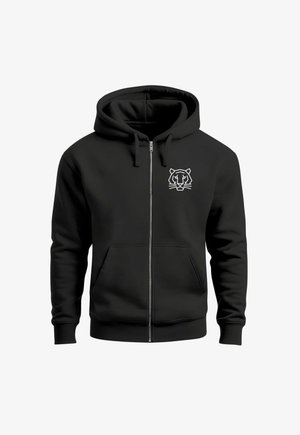Black zip-up hoodie made from soft fabric, featuring a kangaroo pocket and a white geometric lion logo on the left chest area.