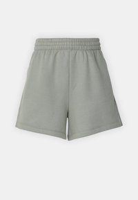 Pantaloni corti grigi in misto cotone con vita elastica, tasche laterali e una vestibilità comoda. Tessuto liscio con un design semplice e classico.