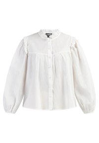 Blusa di cotone bianca con colletto alto in rouches, chiusura con bottoni frontale e maniche lunghe a sbuffo con polsini elastici. Texture liscia, stile casual.
