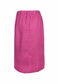 Pink linen skirt with an elastic waistband, straight cut, knee-length, and side seams for added structure. Smooth texture and solid color.