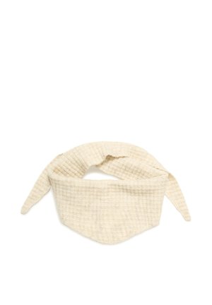 Cremafarbenes gestricktes Wollstirnband mit einem gekreuzten Design und zwei spitzen Enden auf jeder Seite.