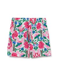 Pantaloni corti floreali con un vivace motivo rosa, verde e blu su sfondo bianco; includono due tasche frontali e una vestibilità comoda.