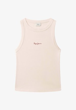 Svijetloružičasti prsluk bez rukava s rebrastim uzorkom, okruglim izrezom i malim crvenim logotipom "Pepe Jeans" na prednjoj strani. Meka tekstura, prilagođeni kroj.