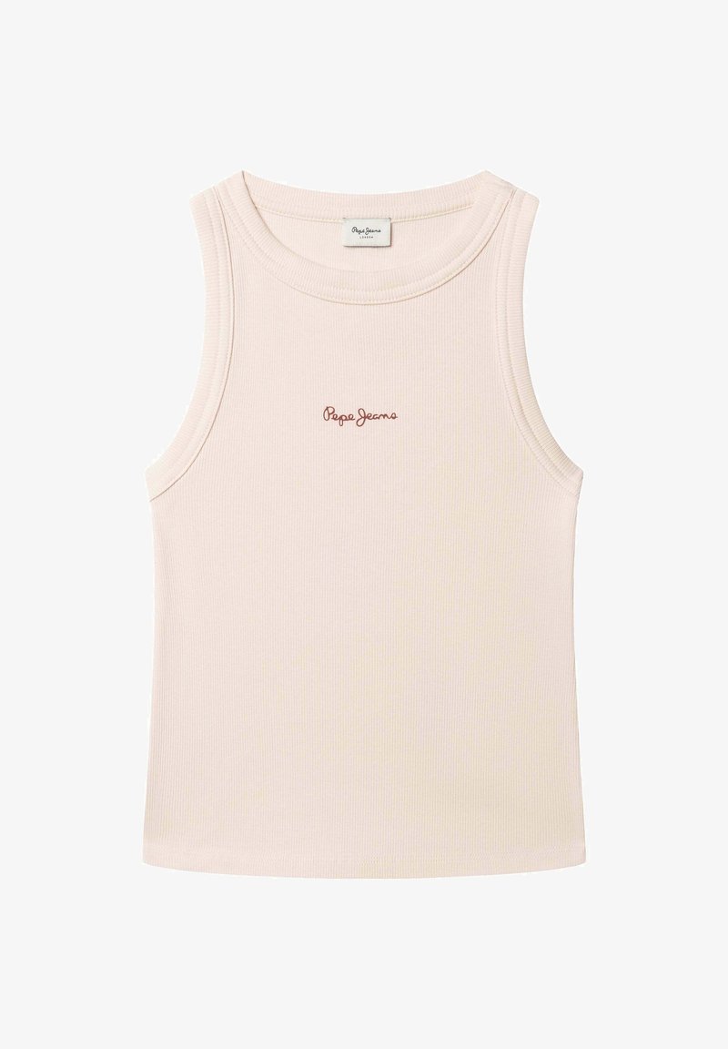 Svetloružové rebrované tielko bez rukávov s okrúhlym výstrihom a malým červeným logom "Pepe Jeans" na prednej strane. Mäkká textúra, priliehavý strih.