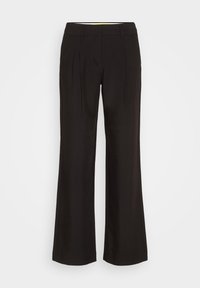 Svarta vida byxor med veck, med en slät yta och ett traditionellt midjeband. Inga synliga dekorationer eller mönster.