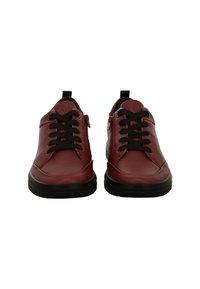Pair of dark red leather sneakers with black laces, black soles, and side zippers, shown from the front on a white background.