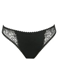 Black underwear featuring a smooth fabric front and lace side panels with floral patterns, scalloped edges, and a subtle sheen.