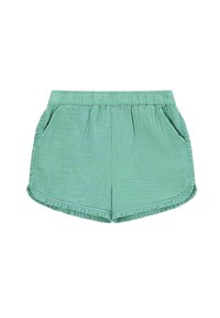 Groene, gestructureerde katoenen shorts met een elastische tailleband, zijzakken en een gerimpelde rand. Lichtgewicht en casual ontwerp.