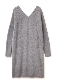 Šedé pletené šaty ve stylu svetr s výstřihem do V, žebrovanými rameny a dlouhými rukávy, s žebrovaným lemem a měkkým, texturovaným povrchem.